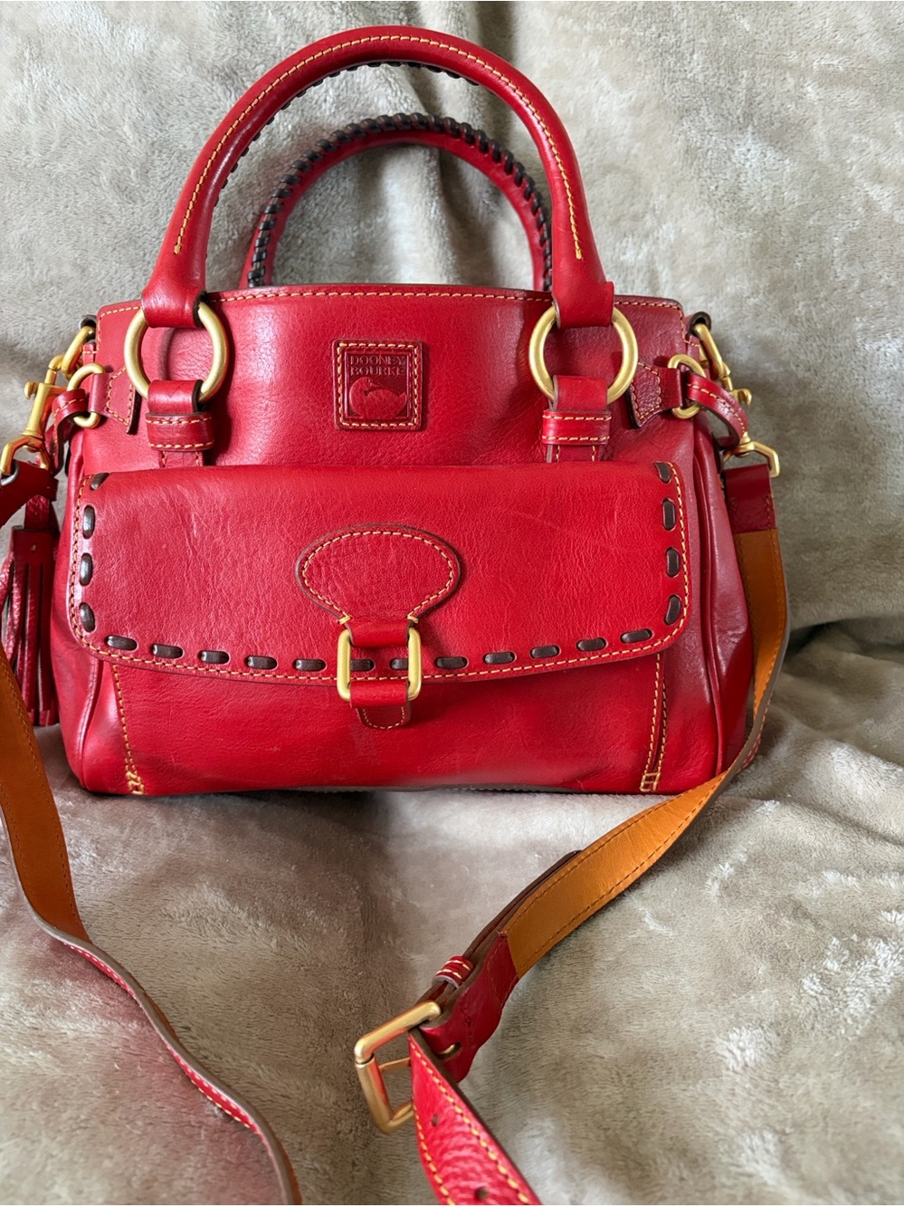 VintageDooney & Bourke Red Leather Satchel with Contrast Strap